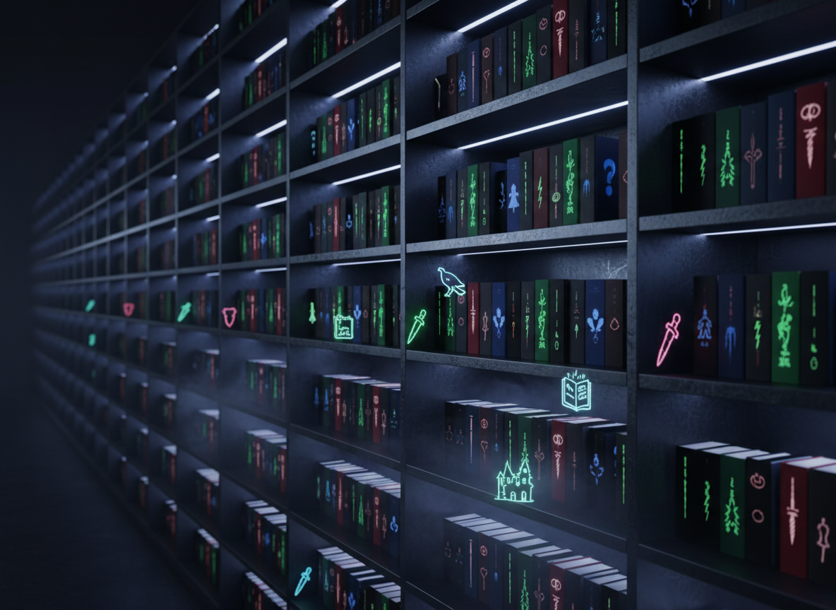 A shadowy, virtual bookshelf stretching into the distance, each shelf lined with glowing digital ebook spines in deep crimson, midnight blue, and sickly green, all hinting at crime, mystery, thriller, fantasy, and horror genres. The shelves are made of matte black metal with subtle scratched textures, floating against a void-like dark background. A faint mist curls around the lower shelves, catching dim, cool-toned accent lighting from below that casts long, dramatic shadows upward. Tiny neon icons—daggers, ravens, spellbooks, haunted houses—hover near some titles like spectral bookmarks. Composed with a slightly low angle and strong perspective to emphasize depth, with selective focus that sharpens the front shelves while the back dissolves into darkness. The mood is immersive, foreboding, and high-tech, in a cinematic, photorealistic style ideal for a category or landing page hero image.