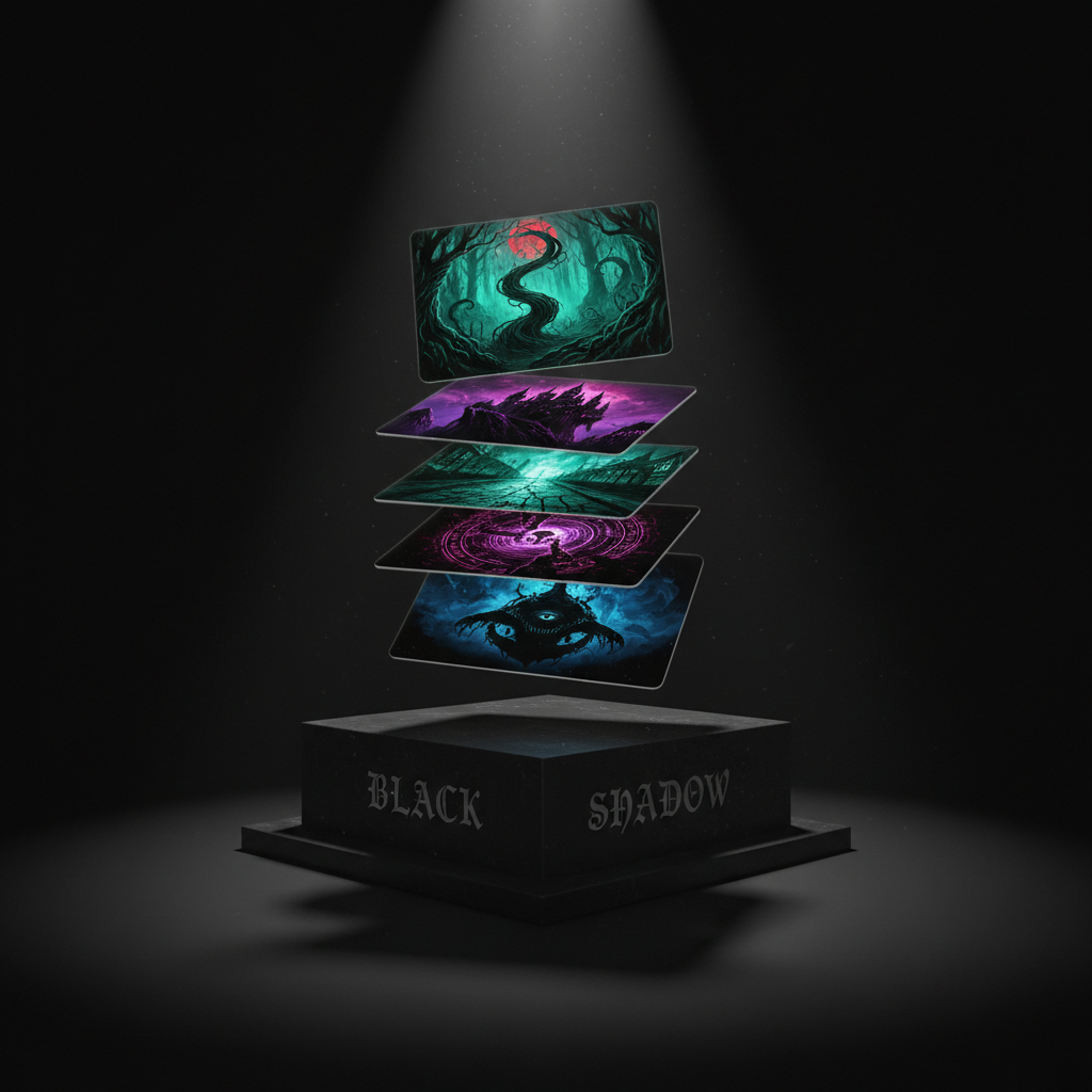 A dramatic still life of a stack of dark fantasy and horror ebooks represented as holographic covers hovering just above a matte black pedestal engraved subtly with the words “Black Shadow.” Each floating cover shows intense artwork—twisted forests, looming castles, cracked city streets—styled in deep jewel tones against nearly black backgrounds. The environment is an otherwise empty, shadow-drenched space, with a single overhead spotlight creating sharp, theatrical beams that slice through faint suspended dust, illuminating the holograms while leaving the corners in near-complete darkness. The pedestal casts a stark, elongated shadow that disappears into the distance. Shot at eye level, slightly off-center for a cinematic rule-of-thirds composition, with crisp focus on the holograms and gentle vignetting around the frame. The mood is powerful, enigmatic, and premium, in a high-end, cinematic-realism aesthetic suited for promotional banners.
