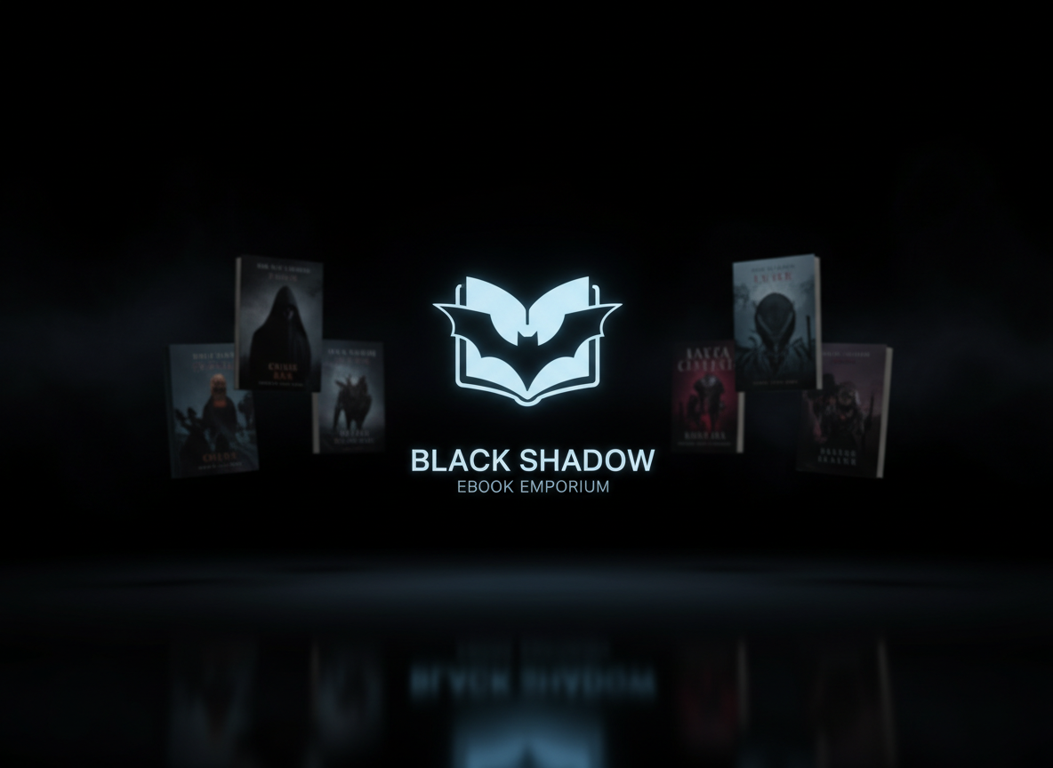 A sleek, minimalistic digital storefront for an ebook shop called “Black Shadow,” featuring a bold onyx-black background with a subtle smoky texture that fades toward the edges. In the center, a stylized open ebook icon glows faintly in icy blue-white light, its pages forming a shadowy bat-like silhouette. Surrounding it are softly blurred, hovering book covers in dark tones—crime, mystery, thriller, fantasy, and horror—barely readable but clearly ominous. Soft, low, cinematic lighting creates gentle reflections on a glossy, dark surface below, while the top and sides fall off into velvety darkness. Shot straight-on with clean, symmetrical composition, sharp focus, and a modern, cinematic-realism style, evoking a polished yet eerie online bookstore homepage banner.