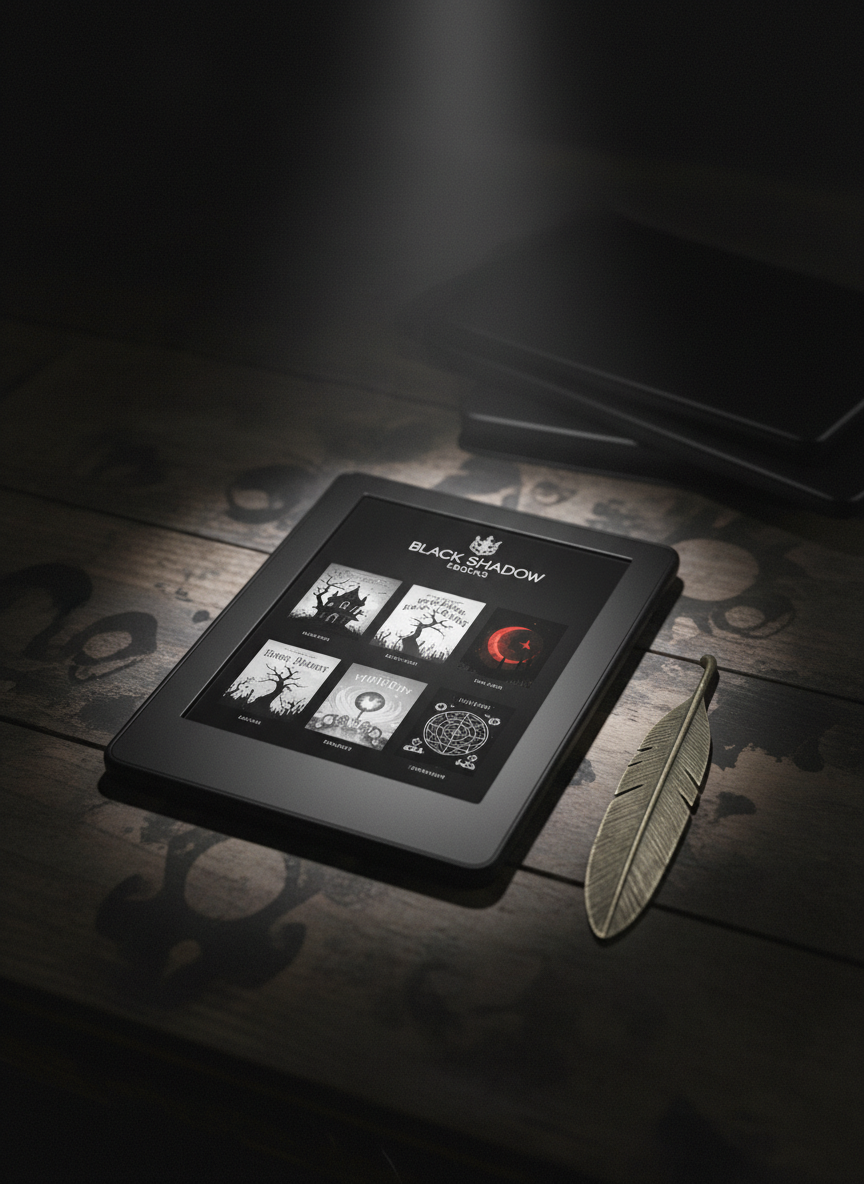 An elegant, obsidian-black e-reader device lying on a worn, dark wooden table whose grain forms faint, almost skull-like patterns, perfect for the Black Shadow ebook store aesthetic. On the e-reader screen glows a monochrome interface showing a curated horror collection, with small cover thumbnails of sinister mansions, blood-red moons, and arcane symbols. A single, antique-style metal bookmark shaped like a raven feather rests beside it, catching a sliver of cool, focused spotlight from above. The surrounding area fades into soft, grainy shadows, with just the hint of stacked, closed ebook readers in the background, out of focus. Shot from a slightly elevated angle with shallow depth of field, emphasizing the main device. The atmosphere is intimate, tense, and mysterious, rendered in dark, cinematic realism with crisp, high-contrast details.